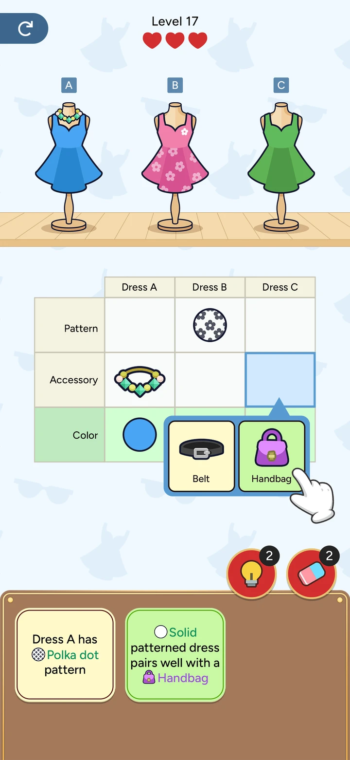 Profile Perfect App Store screenshot of level 17: three dresses above a grid of patterns, accessories and colors, with clue cards below.